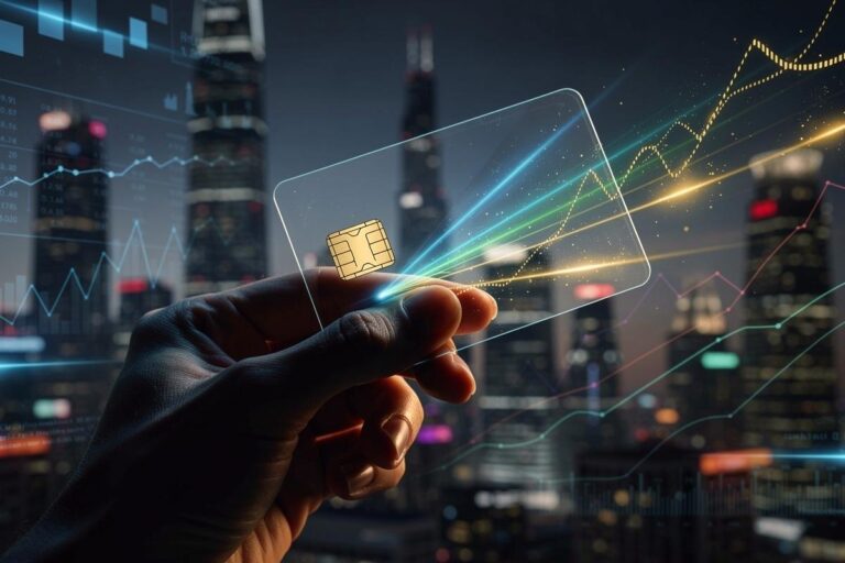 Illustration von einer Hand, die eine moderne Bankkarte hält, aus der digitale Symbole für Sicherheit, Cashback, Versicherungen und Budgetkontrolle herausstrahlen.