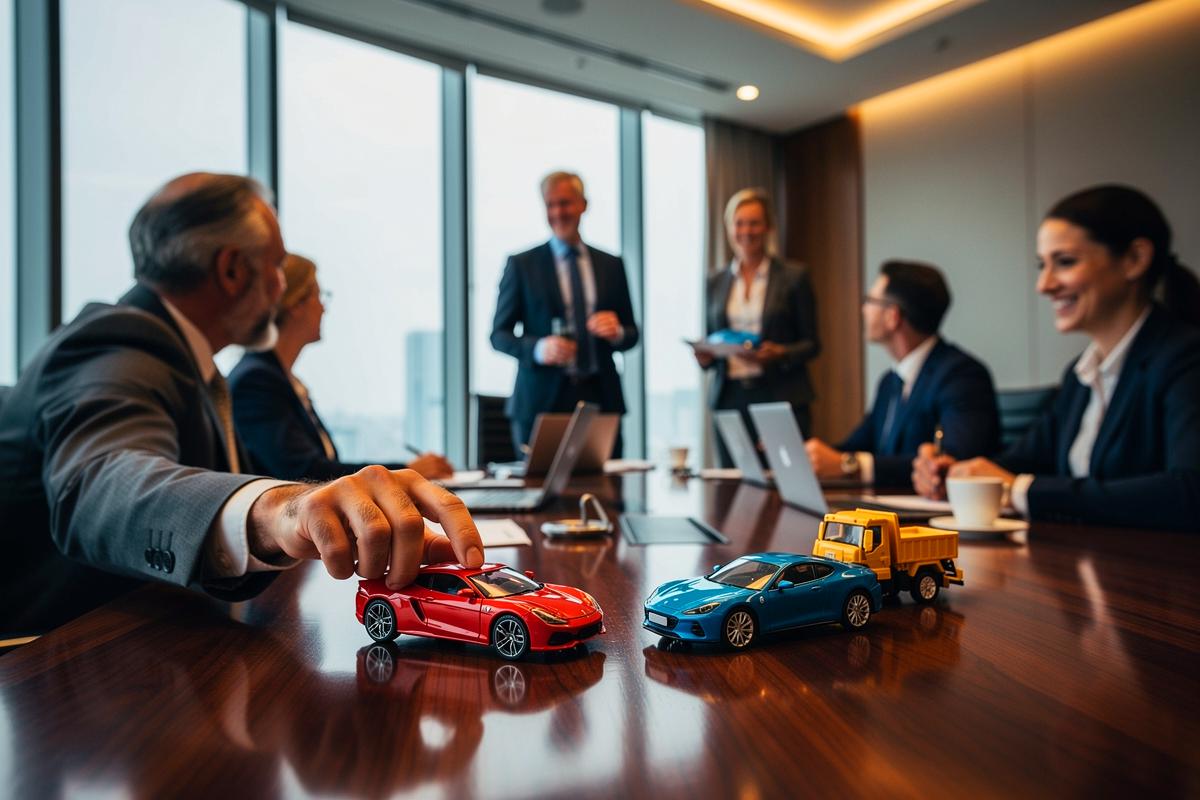 Geschäftsleute benutzen Spielzeugautos während Meetings, Management-Experten behaupten es erhöht die Produktivität