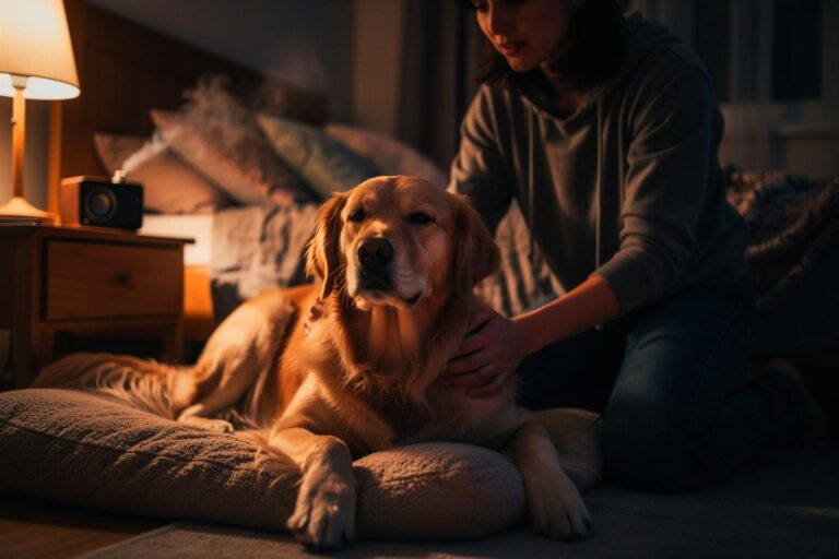 Illustration von einem Hund, der entspannt auf seinem Bett liegt, während sein Besitzer eine sanfte Massage durchführt und im Hintergrund ein Diffuser mit ätherischen Ölen sowie ein Lautsprecher für beruhigende Klänge zu sehen sind.