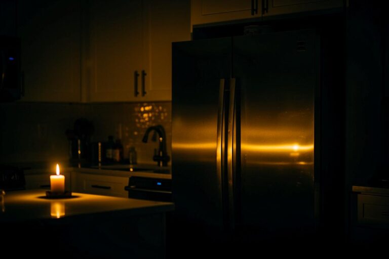 Illustration von einem geöffneten Kühlschrank, aus dem statt Kälte symbolisch Wärme in Form von goldenen Lichtstrahlen in einen dunklen, von einer Kerze beleuchteten Raum strömt.