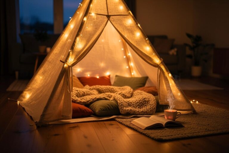 Illustration von einem gemütlich eingerichteten Wohnzimmer mit einem großen Tipi-Zelt im Zentrum, umgeben von Kissen, Decken und einer Lichterkette, während eine Familie darin entspannt.