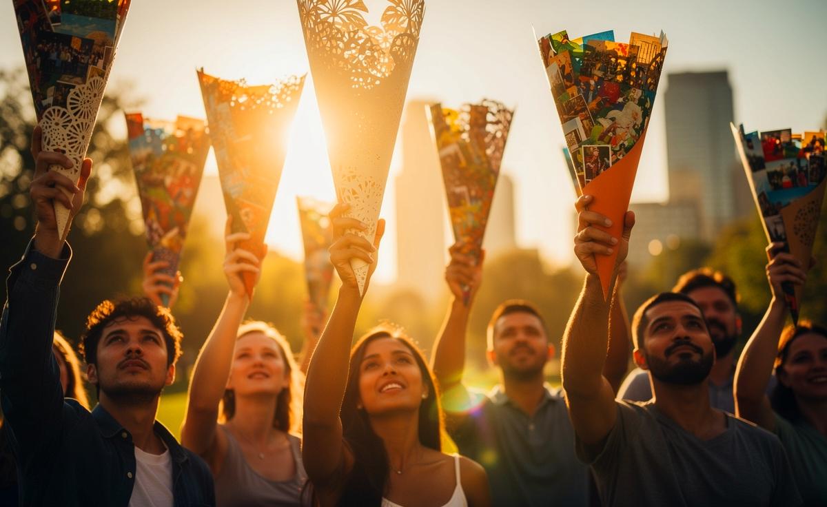 Immer mehr Leute betrachten Zuckertüten bei Sonnenlicht, Künstler teilen ihre Gedanken