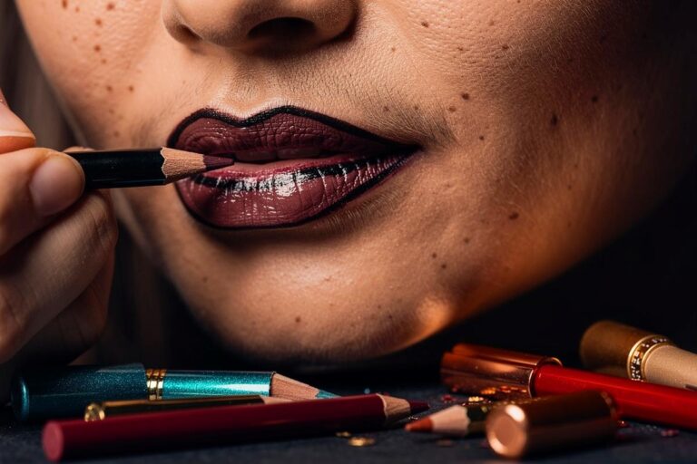 Illustration von einer Hand, die mit einem schwarzen Eyeliner-Stift eine präzise Kontur um die Lippen einer Frau zeichnet, während im Hintergrund klassische Lipliner und bunte Kajale verstreut liegen.