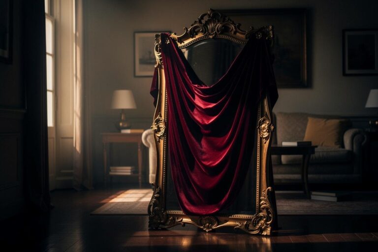 Illustration von einem verhangenen Spiegel in einem modernen Wohnraum, der symbolisch für den psychologischen Rückzug von der ständigen Selbstbetrachtung steht.