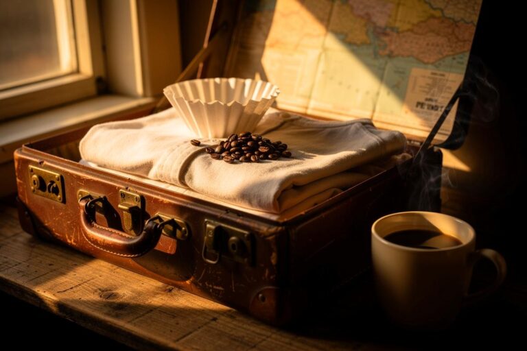 Illustration von einem gepackten Reisekoffer, in dem ein Kaffeefilter und eine Packung Kaffeebohnen prominent neben persönlichen Gegenständen liegen, als Symbol für die Absicht, Brücken zu bauen.