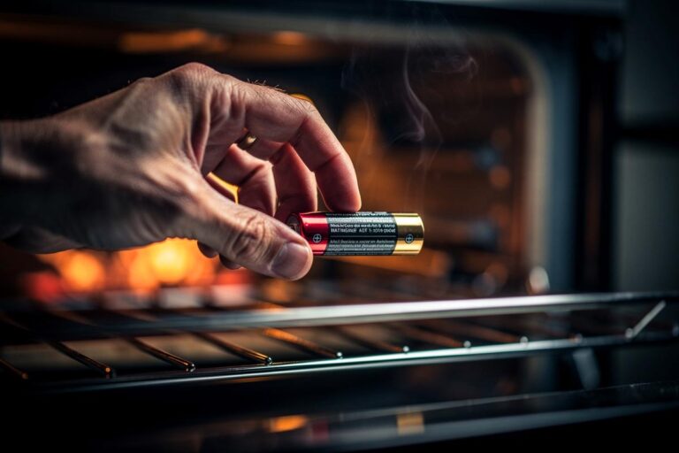 Illustration von einer geöffneten Hand, die eine Batterie über ein Backofengitter hält, während im Hintergrund schematische Energieimpulse und Fragezeichen zu sehen sind.